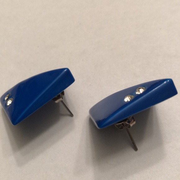 Vintage 80’s Royal Blue Earrings 7/8” Square Rhinestones Pierced Ears - #427 - Picture 7 of 8